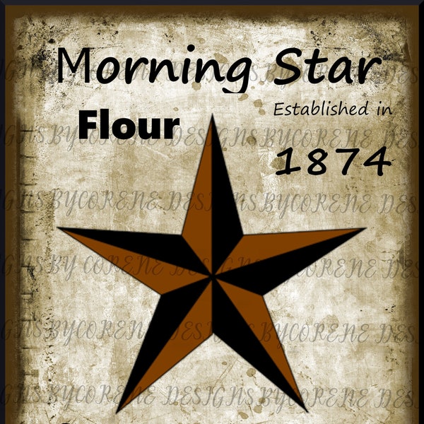 Primitive Morning Star Flour Feedsack Logo Pantry Jar Crate Crock Book Label Digital Download Image