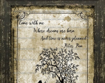 Primitive "Come with Me" Peter Pan Quote Tree Children Silhoutte Print Wall Art Decor Digital Download Printable Nursery Baby Gift