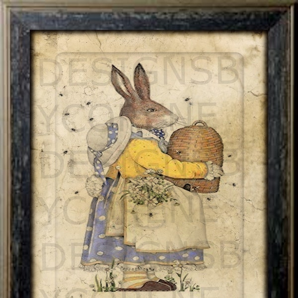 Primitive Country Bunny Rabbit Dressed with Bee Hive Digital Image Wall Decor Feed sack Logo for Pillows Pantry Labels Hang tags Candle