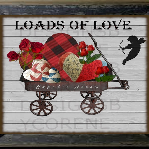Primitive Rustic Valentines Loads of Love Wagon Cupids Arrow Farmhouse Digital Image Transfer Logo for Pillows Labels Hang tags Cards