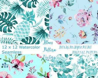Set of Four Watercolor Seamless Blue Floral Patterns Pack Digital Download Image Printable 300 DPI