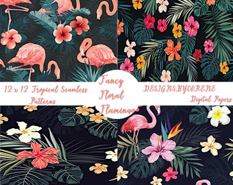 Set of Four Seamless Tropical Floral Flamingo Papers, Seamless Patterns, Digital Paper, Scrapbook