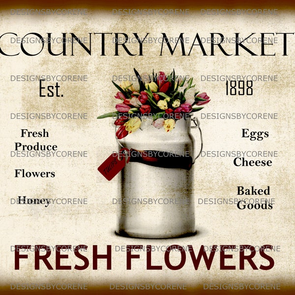 Primitive Rustic Country Market Tulips Digital Art Print Wall Art Feedsack Logo Pillow Pantry Candle Labels Hang tags Magnets Ornie