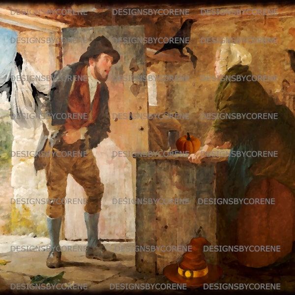 Primitive Colonial Halloween Digital Printable Instant Download Print Gothic Witch, Crows, Ghost