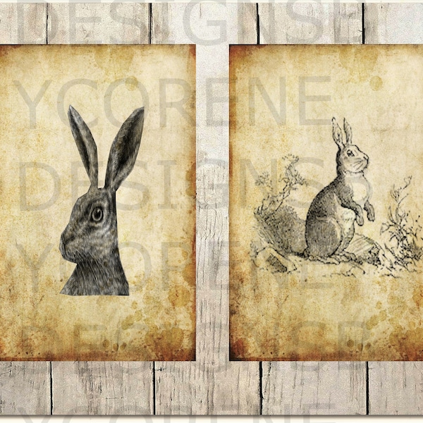 Primitive Vintage TWO COUNTRY RABBIT Portraits Digital Image Pantry Labels Hang tags Magnets Ornies Wall Art