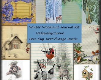 12 Page Printable, Journal Kit, Vintage, Winter Woodland, Journal Pages, Winter Ephemera, Junk Journal, DIY Ephemera, Digital Paper