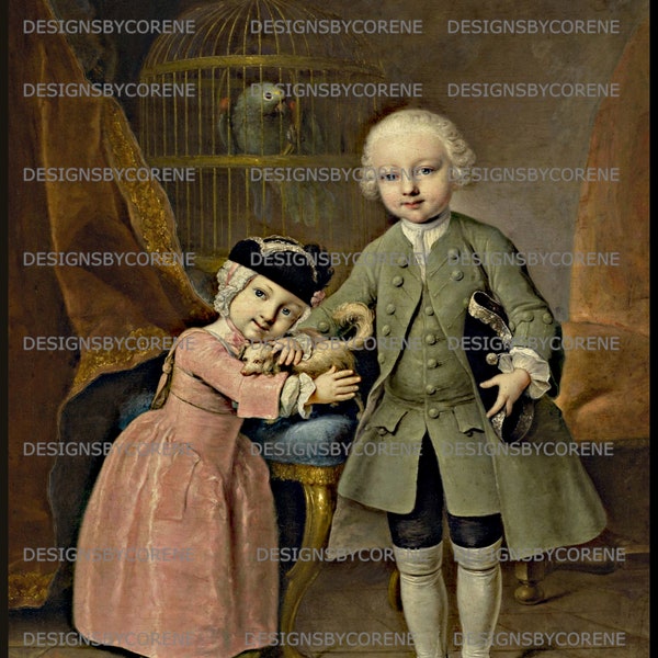 Primitive Colonial Children Portriat Wall Art Digital Download