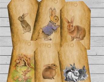 Set of Six Vintage Easter Rabbit Tags Digital Download Image Printable