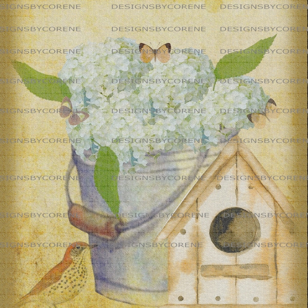Primitive Country Farmhouse Floral Bird House Wall Art/Cards/Tags/Scrapbooking/Journal pages/Decoupage Printable Digital Download