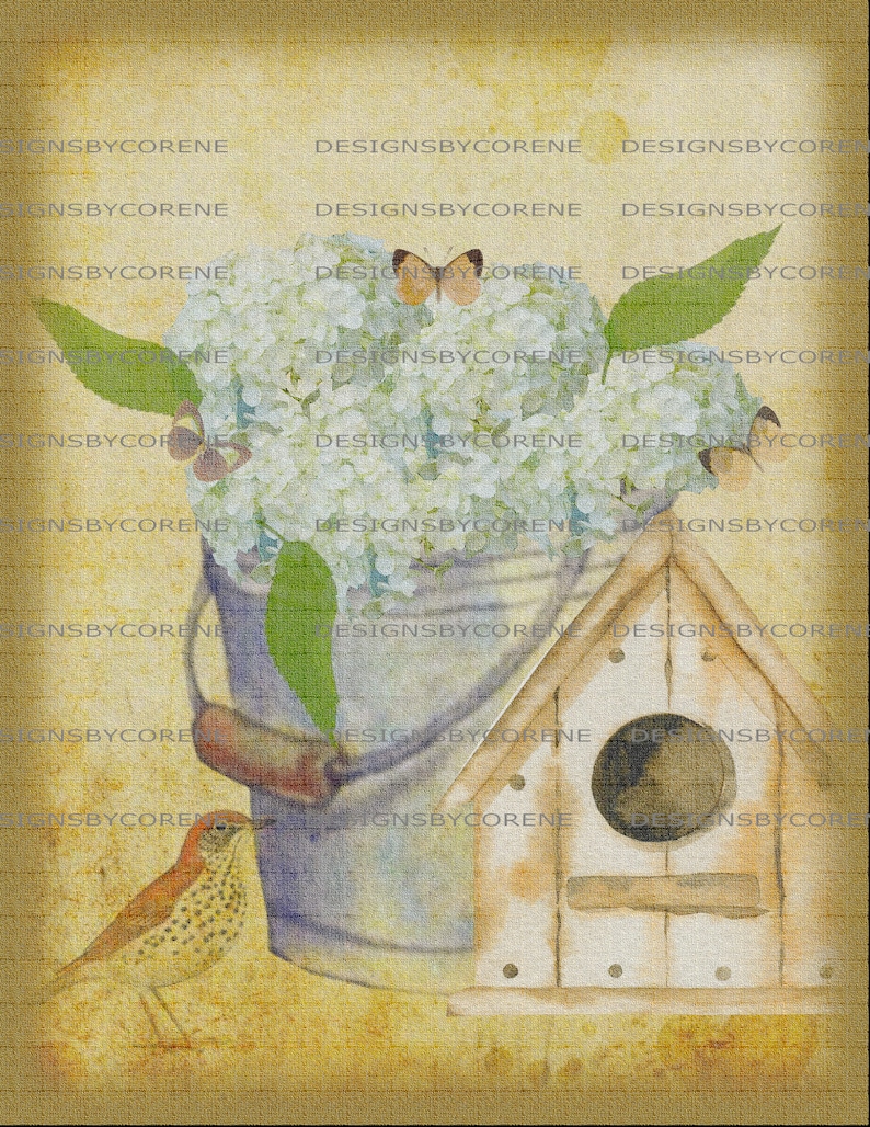 Primitive Country Farmhouse Floral Bird House Wall Art/Cards/Tags/Scrapbooking/Journal pages/Decoupage Printable Digital Download zdjęcie 1