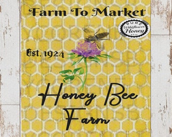 Primitive Farmhouse Honey Bee Farm Digital Image Print Feedsack Logo Pillow Pantry Candle Labels Hang tags Magnets Ornies Canvas