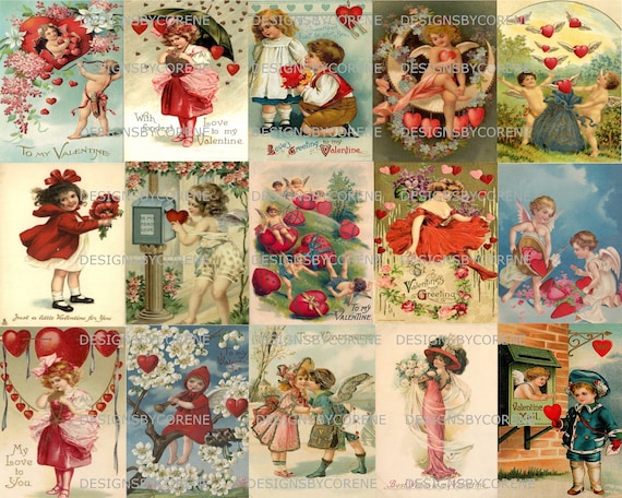 15 Vintage Victorian Valentine Cards, Printable Collage Sheet