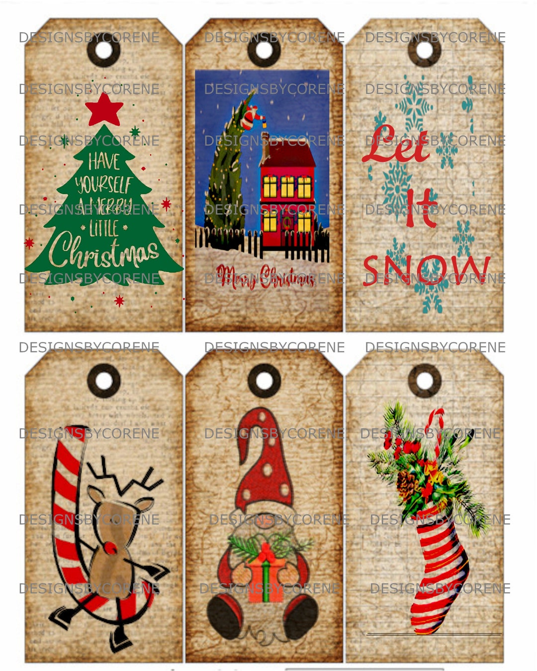 Primitive Christmas Gift Tags Set of Six Digital Download Printable ...