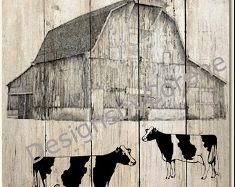 Farmhouse Rustic Barn and Cows Illustration Wall Art Print/Transfer/Card/Gift Tag/Scrapbooking/Clip Art Digital Printable Instant Download