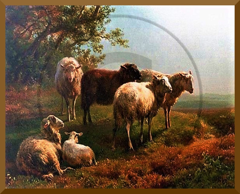 Vintage Primitive Sheep Antique Oil Painting Wall Art Print Farmhouse Decor Image