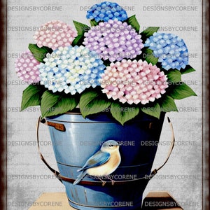 Floral Hydrangea Flowers with Blue Bird Wall Art Print, Cards, Tags, Scrapbooking, Journal Pages, Logos Digital Download Printable