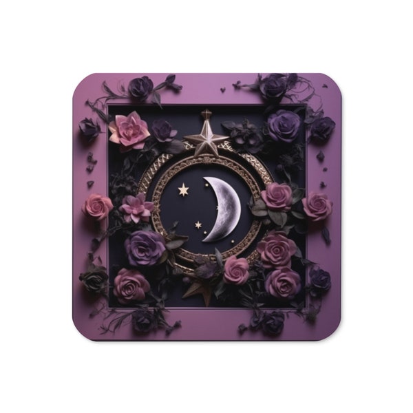 Bohemian Witchy Decor Purple Roses and Moon Cork-back Coaster v1