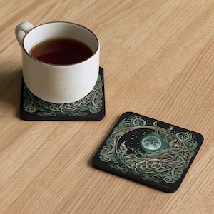 Celtic Moon Green Forest Witchy Decor Cork-back coaster