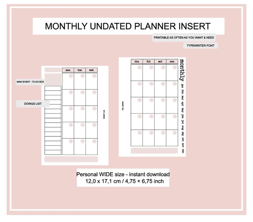 Month Calendar Insert Monthly Overview Monthly Undated Personal Wide ...