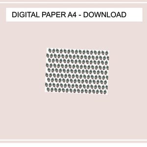 Könnte beinhalten: Ein digitales Papier mit einem sich wiederholenden Muster aus kleinen, grünen und weißen Illustrationen eines Weihnachtsbaumanhängers. Der Text "DIGITAL PAPER A4 - DOWNLOAD" befindet sich oben im Bild.