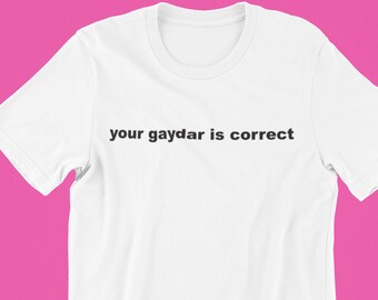 May include: White t-shirt with the text "your gaydar is correct" printed in black.
