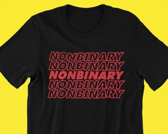 Puede incluir: Camiseta negra con la palabra "NONBINARY" repetida cinco veces en rojo, apilada verticalmente.