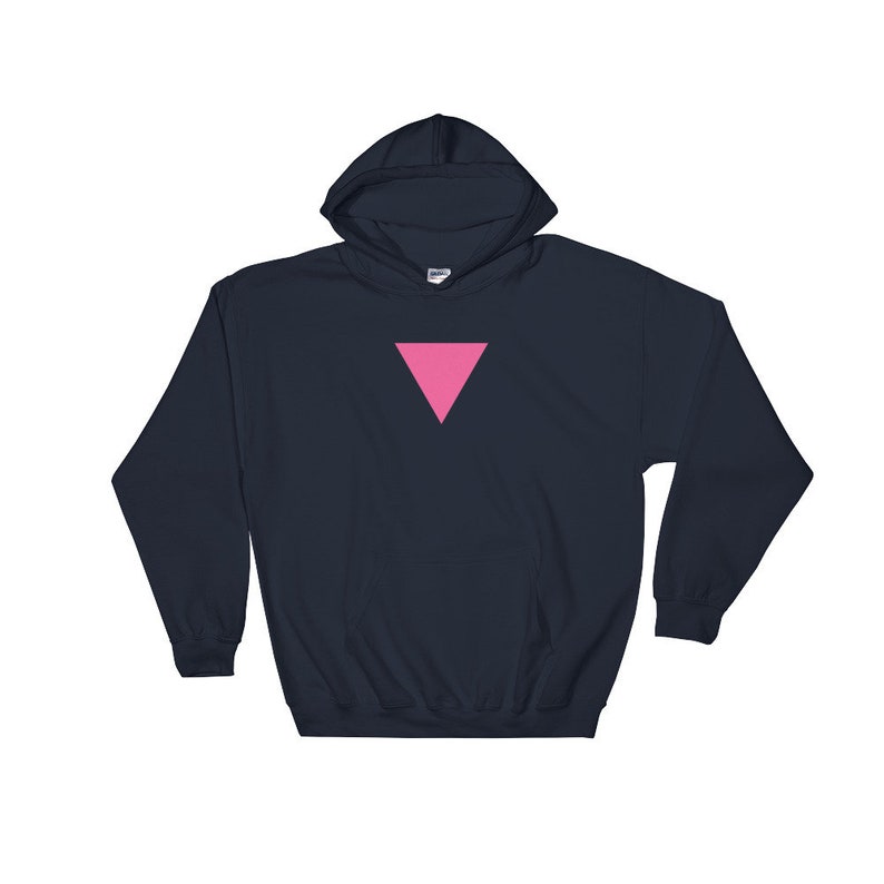 Puede incluir: Una sudadera con capucha azul marino con un tri&aacute;ngulo rosa en la parte delantera.