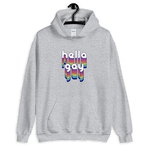 Op de afbeelding: Een grijze hoodie met een regenboogkleurige "hello gay" print op de voorkant.