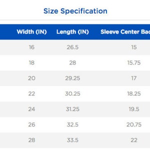 May include: Size chart for clothing with measurements in inches. The chart shows sizes XS through 3XL with corresponding width, length, and sleeve center back measurements.