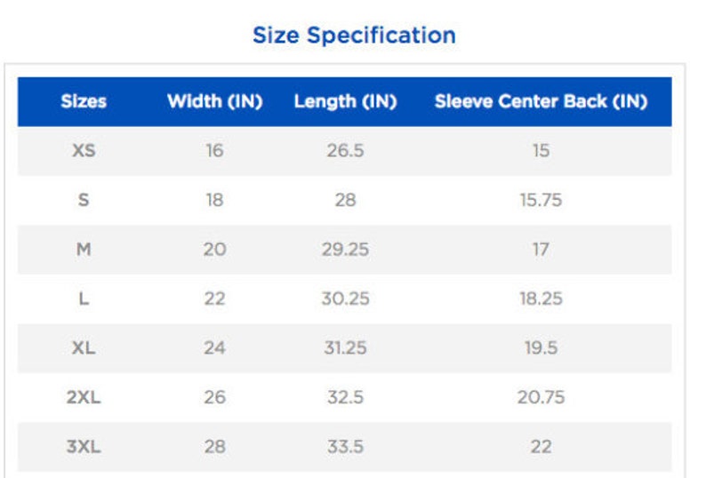 May include: Size chart for clothing with measurements in inches. The chart shows sizes XS through 3XL with corresponding width, length, and sleeve center back measurements.