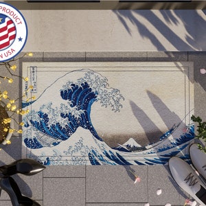Hokusai&#39;s Under the Wave off Kanagawa vintage Japanese Painting Mat Recycled Rubber Door Mat, Under the Wave off Kanagawa Doormats