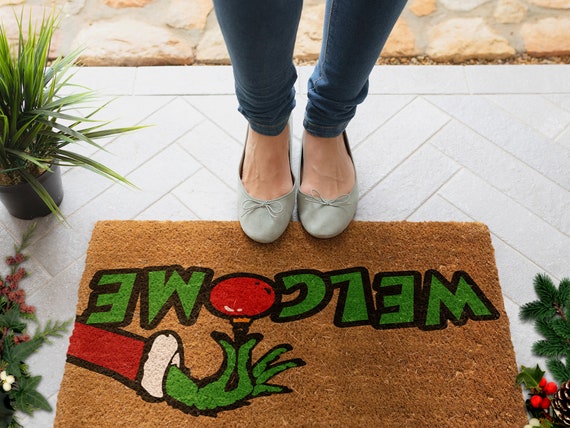 Christmas Grinch Welcome, Christmas Snow Coir Door Mat, Front Door