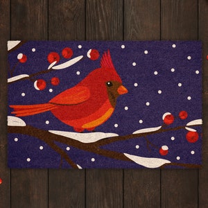 Christmas Cardinal Bird Night, Christmas Snow Coir Door Mat, Front Door Mat, Outdoor Mats, Funny Doormat, Welcome Mats, Coir Mats s-1089-CH