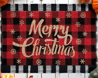 Christmas Merry Christmas Mats, Christmas Snow and Plaid Coir Door Mat, Front Door Mat, Outdoor Coir Mats S1055