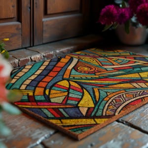 May include: A rectangular doormat with a colorful geometric design. The mat features a variety of colors, including blue, orange, yellow, and green, arranged in a stained-glass style pattern. The mat is placed on a wooden surface near a door.