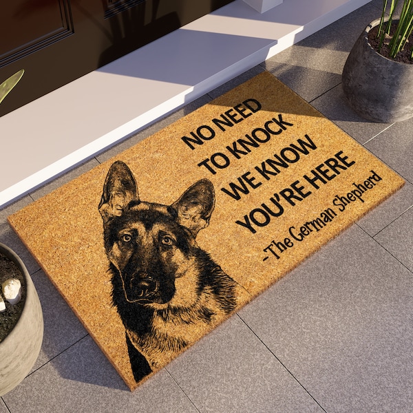 The German Shepherd Door Mat, Tilted head Says We Know You ARE Here Spring Door Mats, Funny German Shepherd Doormat, Welcome Mats