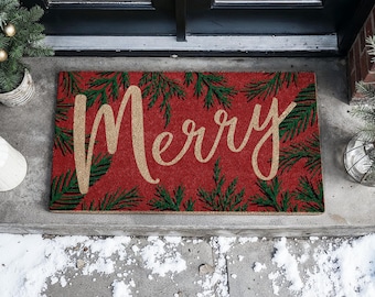 Christmas Merry Pine Leafs, Christmas Snow Coir Door Mat, Front Door Mat, Outdoor Mats, Funny Doormat, Welcome Mats, Coir Mats S1074