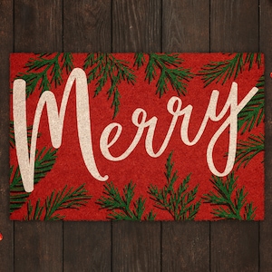 Christmas Merry Pine Leafs, Christmas Snow Coir Door Mat, Front