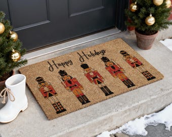 Happy Holidays Nutcracker, Christmas Snow Coir Door Mat, Front Door Mat, Outdoor Mats, Funny Doormat, Welcome Mats, Coir Mats S1081