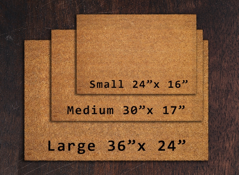 May include: Three brown coir doormats of different sizes. The mats are labeled "Small 24"x 16"", "Medium 30"x 17"", and "Large 36"x 24"".