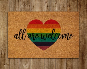 All Are Welcome Rainbow Heart Door Mat, Hearth of the Rainbow Coir Door Mats, Welcome Funny Rainbow Doormat, Welcome Rainbow Outdoor Mat