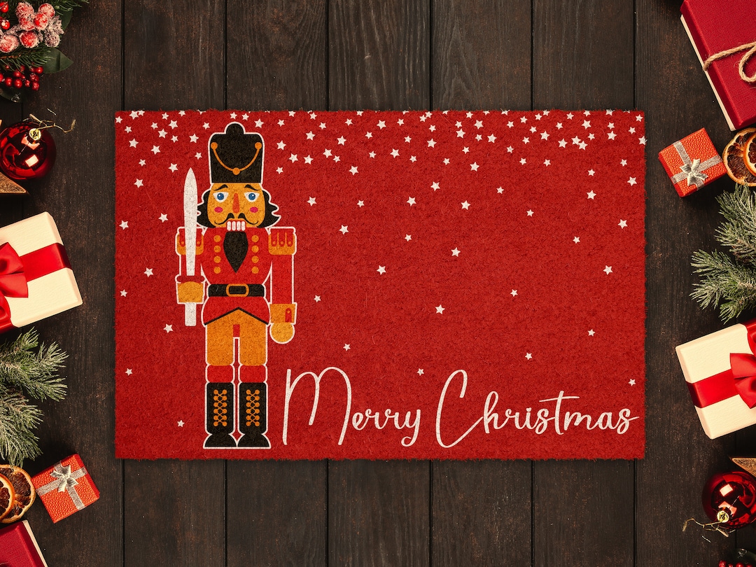 Merry Christmas Nutcracker, Christmas Snow Coir Door Mat, Front Door