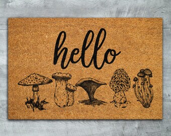 Hello Mushroom Doormat, Welcome Door Mats, Mushrooms Coir Door Mats, Mushroom Welcome Funny Hello Doormat, Mushrooms Outdoor Coir Mat