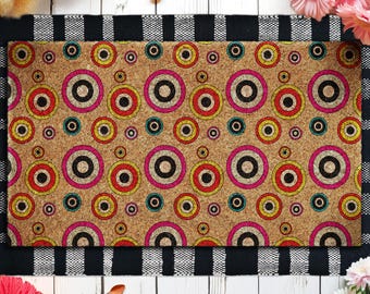 Retro Coir Doormat, Flower Print Entry Rug, Porch Decor