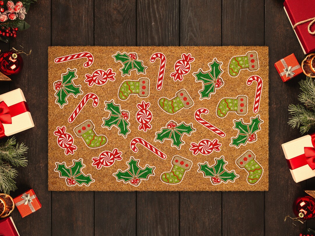 Gingerbread and Peppermints, Christmas Snow Coir Door Mat, Front Door ...