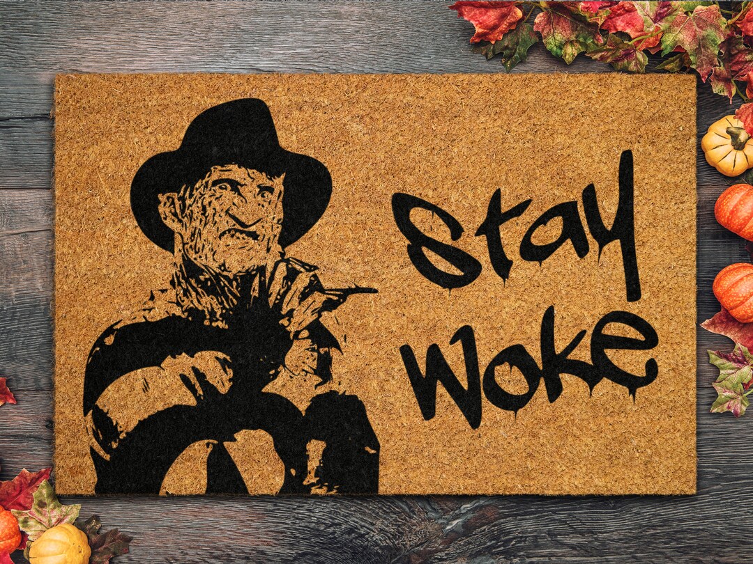 Stay Woke Coir Mat, Horror Characters Halloween Doormat