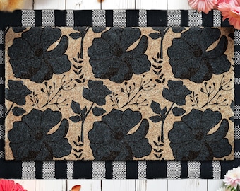 Retro Floral Coir Doormat, Rustic Entryway Rug