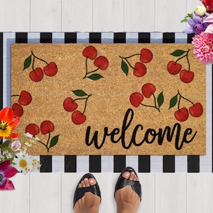 Welcome  Cherry Coir Doormat , Cherries Welcome Summer Home Doormat, Housewarming Gift, Home Doormat, Welcome Mat, Cherries Welcome Doormats