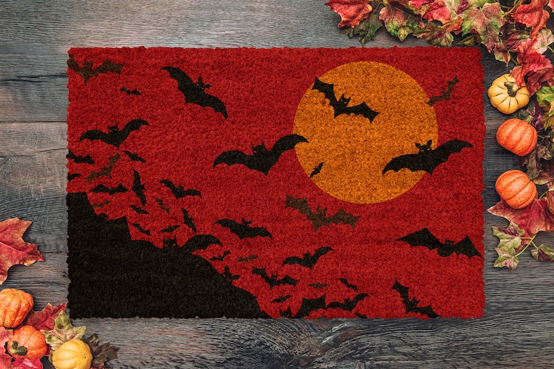 Halloween Bats Night, Coir Door Mat, Welcome Mat, Front Door Mat, Outdoor Mats, Funny Doormat, Fall Welcome Mats, Coir Mats image 1