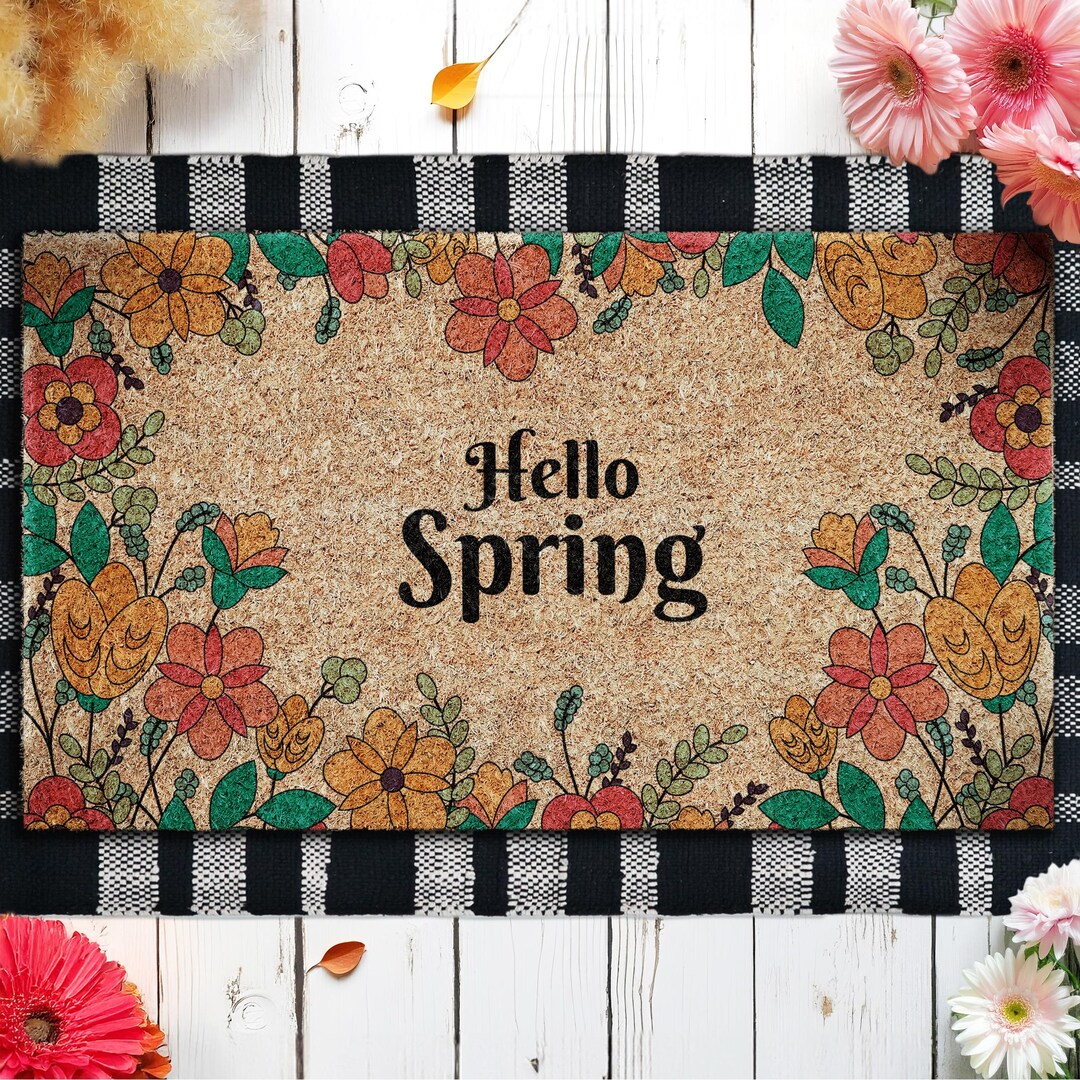 Hello Spring Rustic Floral Coir Doormat, Hello Spring, Rustic Entryway Rug - Etsy
